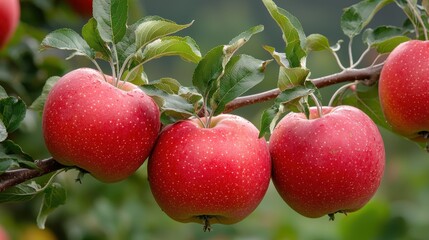 Obraz premium Fresh red apples on a tree branch in a lush orchard setting