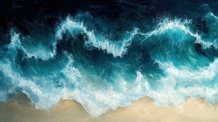 Fototapeta premium abstract aerial view of crashing waves on a tropical shoreline, capturing the interplay of deep turquoise waters and frothy white surf, emphasizing the beauty of nature's patterns
