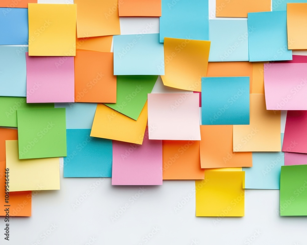 Poster a vibrant array of colorful sticky notes arranged in a random pattern, showcasing shades of blue, gr