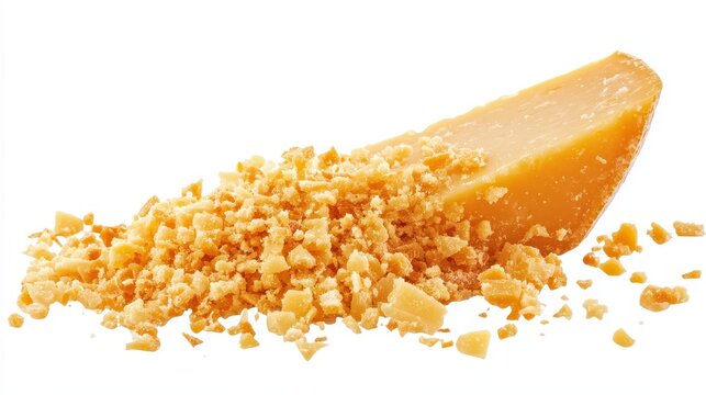 A wedge of parmesan cheese with crumbled pieces, isolated on white background. PNG transparent.