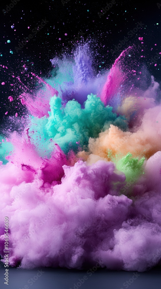 Poster explosive burst of vibrant color powders in dynamic motion against black background