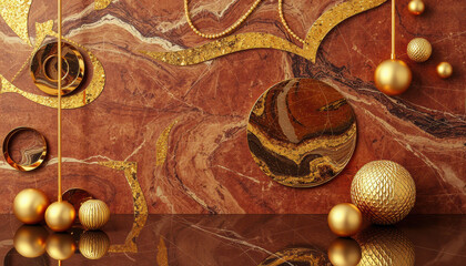 Elegant marble and gold ball decoration on rich red background, showcasing luxurious design elements and textures that create sophisticated atmosphere