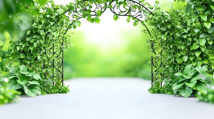 Obraz premium Enchanting iron archway covered in lush green vines in a vibrant garden setting