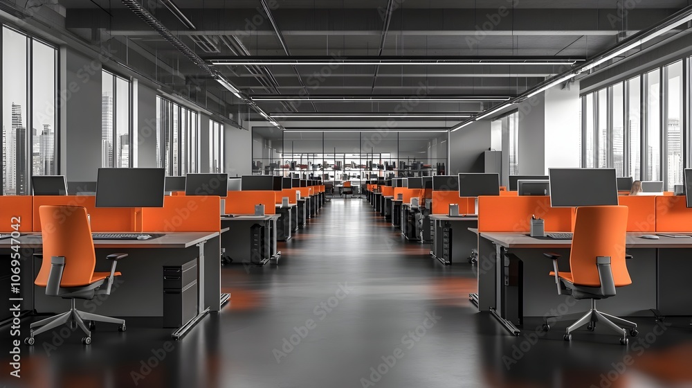 Aufkleber an open plan office environment with rows of desks and computers showcasing a modern organized works