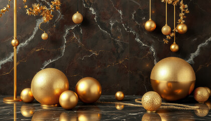 Naklejka premium Elegant marble and gold ball decorations create luxurious atmosphere, perfect for festive occasions and celebrations