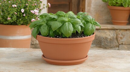 Fototapeta premium Lush green basil plant in terracotta pot on rustic stone patio