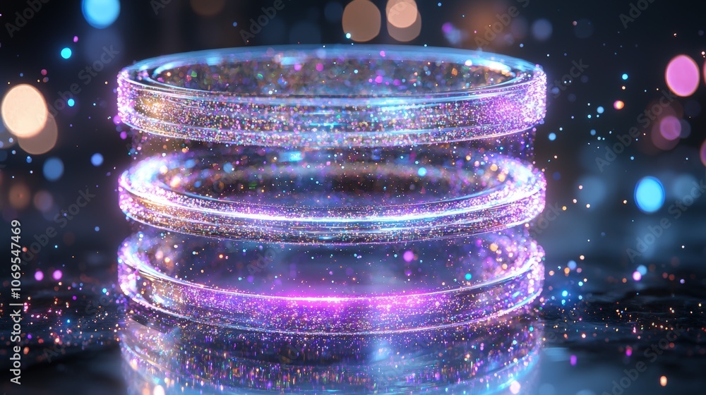 Poster vibrant neon rings with sparkling particles in dynamic motion