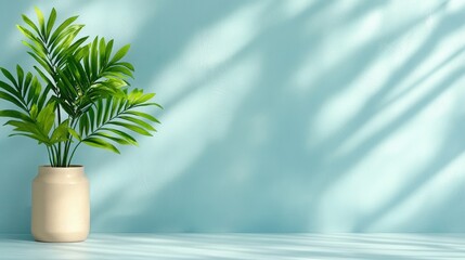 Obraz premium Vibrant green foliage in beige vase with soft blue shadowed background