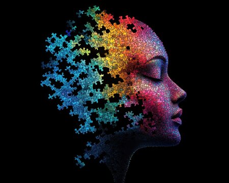 Abstract Human Head Composed of Colorful Puzzle Pieces. Generative AI