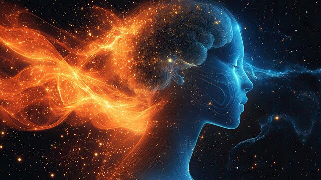 A human head and brain are shown with waveforms illustrating brain activity, all against a digital backdrop.