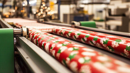 Factory conveyor belts moving freshly printed gift wrap rolls with red and green patterns.