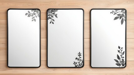 Elegant minimalistic mirrors with botanical corner designs on wooden background