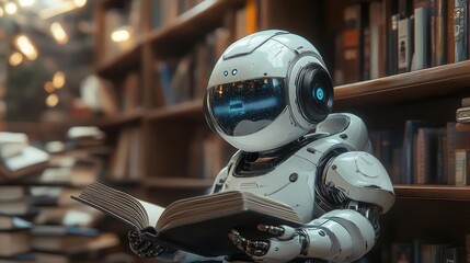 Fototapeta premium adorable robot peruses a book in a charming library, depicted in a cartoon style, embodying the playful essence of artificial intelligence and the joy of learning