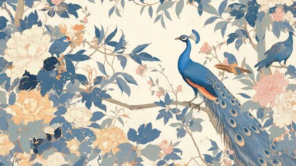 A vibrant peacock perched among floral and avian elements in a decorative design.