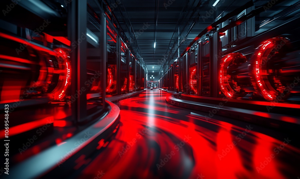 Poster a futuristic data center filled with red-lit servers, showcasing advanced technology and sleek desig