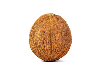 Whole coconut fruit with outer skin peeled, isolated on white background