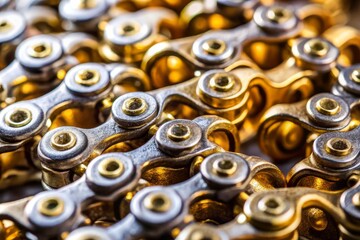 Obraz premium Macro Photography of a Unique Chain Featuring Numerous Small Holes with Gold and Silver Accents, Highlighting Textures and Reflective Surfaces in Close-Up Detail