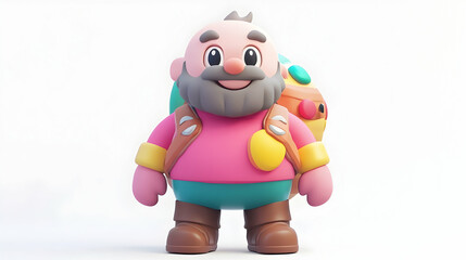 A cheerful cartoon man with a beard and a backpack standing on a white background.