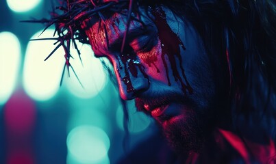 AI Generated Image of Portrait of Jesus Christ wearing crown of thorns with blood on face against illuminated background