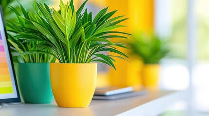 Obraz premium Vibrant indoor plants in colorful pots on a bright shelf