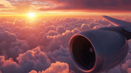 Airplane engine soaring above fluffy clouds during a vibrant sunset