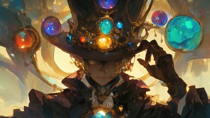 Fototapeta premium A top hat adorned with glowing gemstones and imbued with the power of levitation.