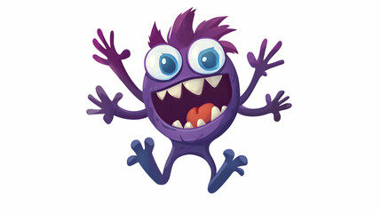 A cheerful purple monster with four arms and big eyes jumps with an open mouth and a big smile.