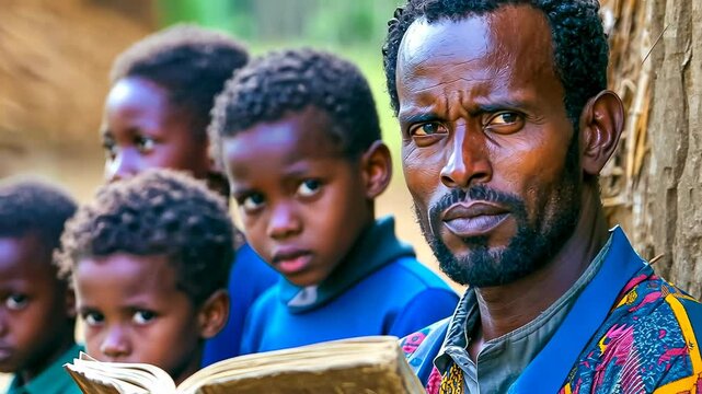 A middle-aged African man gazes intently, surrounded by young children in a rural African village. The group's traditional attire highlights cultural identity during dusk.