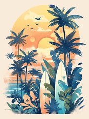 A vibrant tropical scene with palm trees, surfboards, and a sunset.
