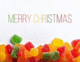 Merry christmas text and colorful sweet gummies on background.