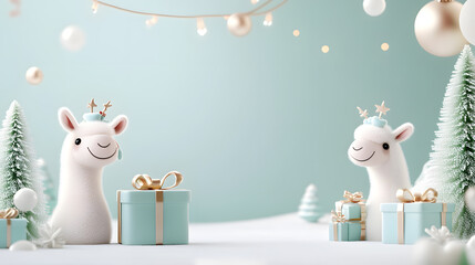 Llamas share joy as they exchange gifts on a soft pastel christmas morning in winter wonderland