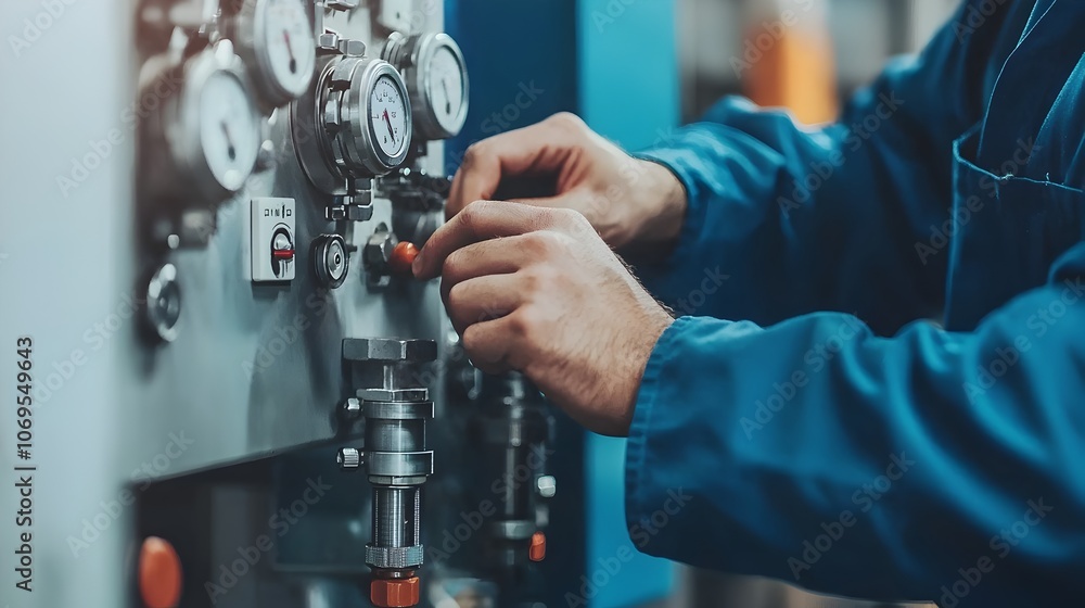Aufkleber close up of a technician s hands adjusting various dials knobs and gauges on the control panel of an
