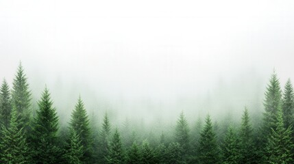 Misty evergreen forest: serene landscape with lush greenery and atmospheric fog