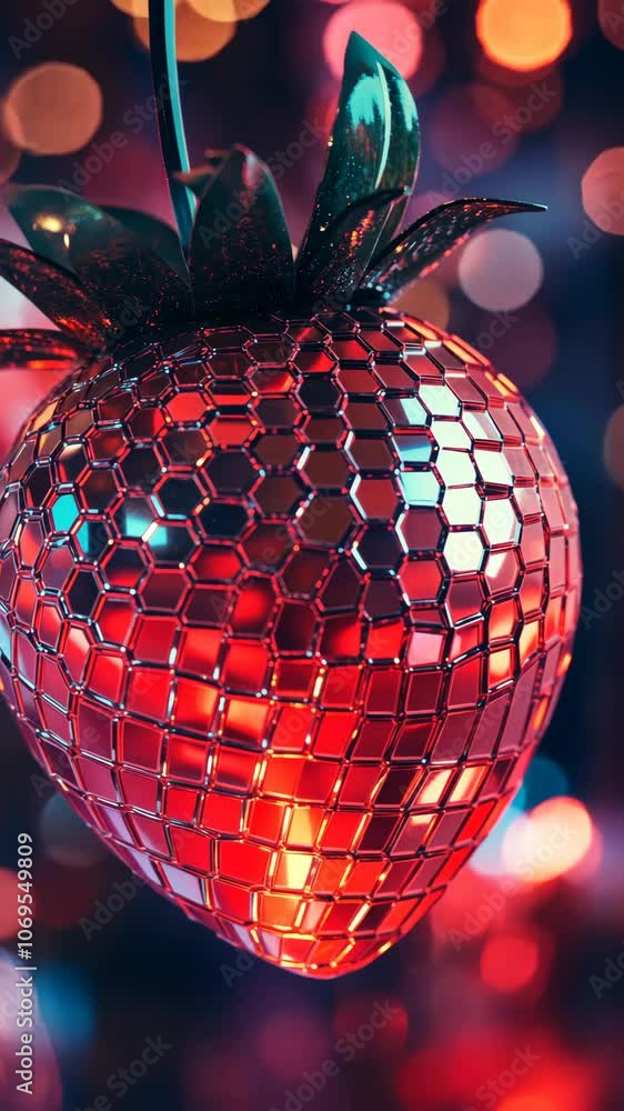 Poster disco ball strawberry rotating with bokeh background