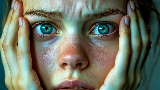 Intense close-up of a young Caucasian female holding her face, eyes wide with a troubled expression. Conveys emotions of fear, stress, or sorrow, in a nondescript indoor setting.