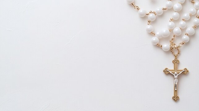 Elegant pearl rosary with golden crucifix on white textured background