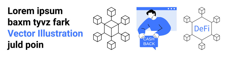 Abstract cubes connected forming decentralized structure with a central DeFi text and individual benefiting from cashback. Ideal for fintech, blockchain, DeFi, cryptocurrency, finance apps, startups