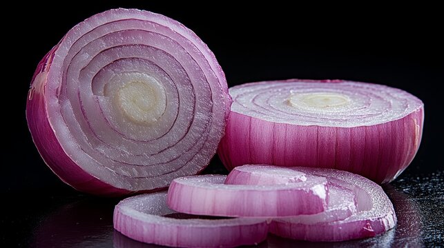 an oignon freshly cut in two pieces, with some washers of onion in front of the onions, isolated black background 