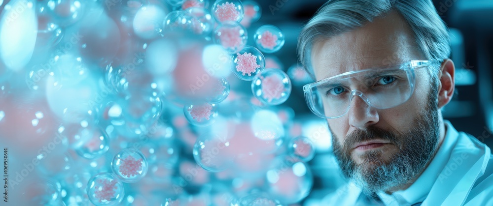 Poster scientist analyzing molecular structures in high-tech laboratory environment