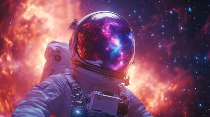 Fototapeta premium an astronaut floating through the vastness of space, with twinkling stars, a stunning galaxy, and a vibrant nebula of purple and blue reflected in his helmet, evoking wonder and exploration
