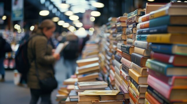 Blurry stacks of books piled high as attendees eagerly peruse the fair.