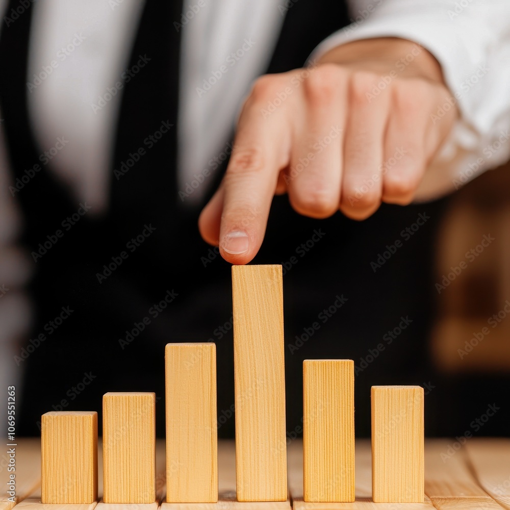 Poster a hand points at wooden blocks arranged in ascending height, symbolizing growth and progress in busi