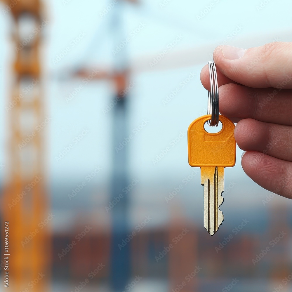 Aufkleber a person holds a yellow key in front of a construction site with cranes, symbolizing access and new 