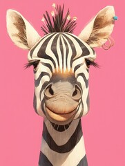 A whimsical zebra with a playful expression against a pink background.