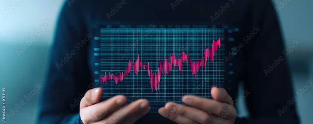 Poster a person holds a digital device displaying a rising stock market graph, emphasizing trends and data 