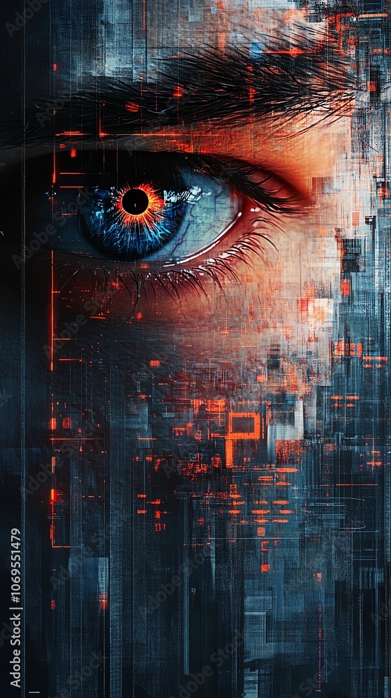 Poster A close-up of a blue eye with digital code overlayed on it.