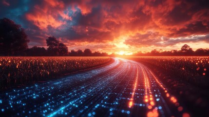 an expansive cornfield, where advanced agricultural technologies are visualized through holographic data overlays, showing growth metrics and crop health, against a vivid sunset in the background