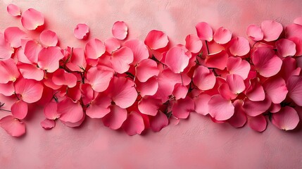 A minimalist design of pink rose petals scattered on a pastel pink background.