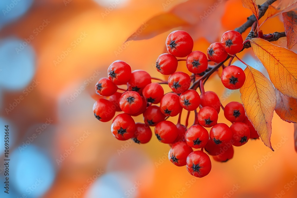 Poster a close-up of a cluster of bright red berries on a branch with orange and blue bokeh background.