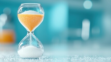Timeless sand hourglass on minimalist blue background
